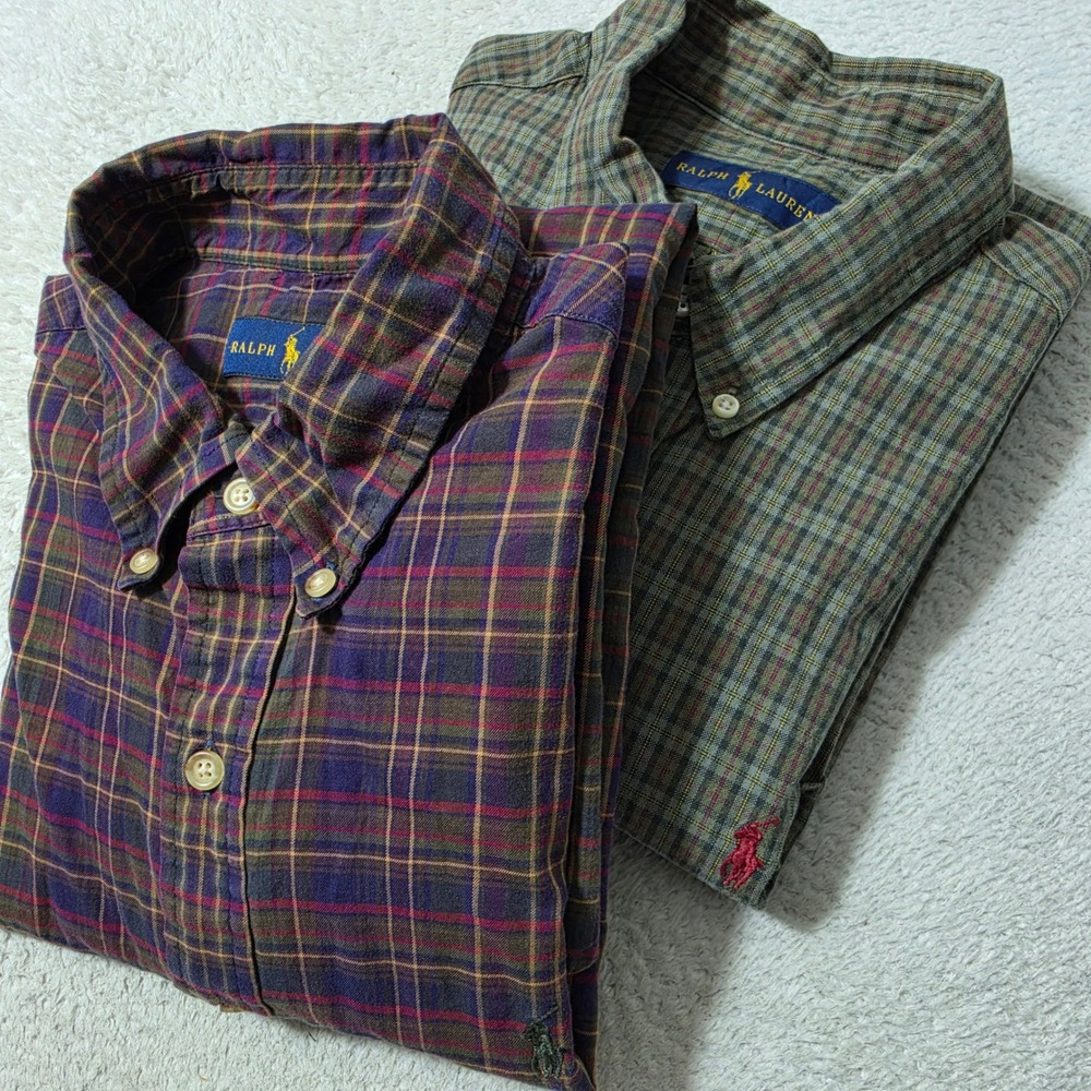 2 Pack Lot! Ralph Lauren Button Down Shirt Mens L Multi Plaid Check L/S
